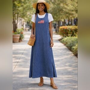 90's Patriotic U.S. Flag Embroidered Modest Jean Dress 16W